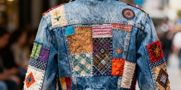 Detailed patchwork and appliqué on a denim jacket for 2026 fashion