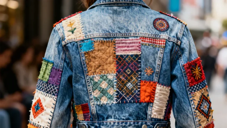Detailed patchwork and appliqué on a denim jacket for 2026 fashion