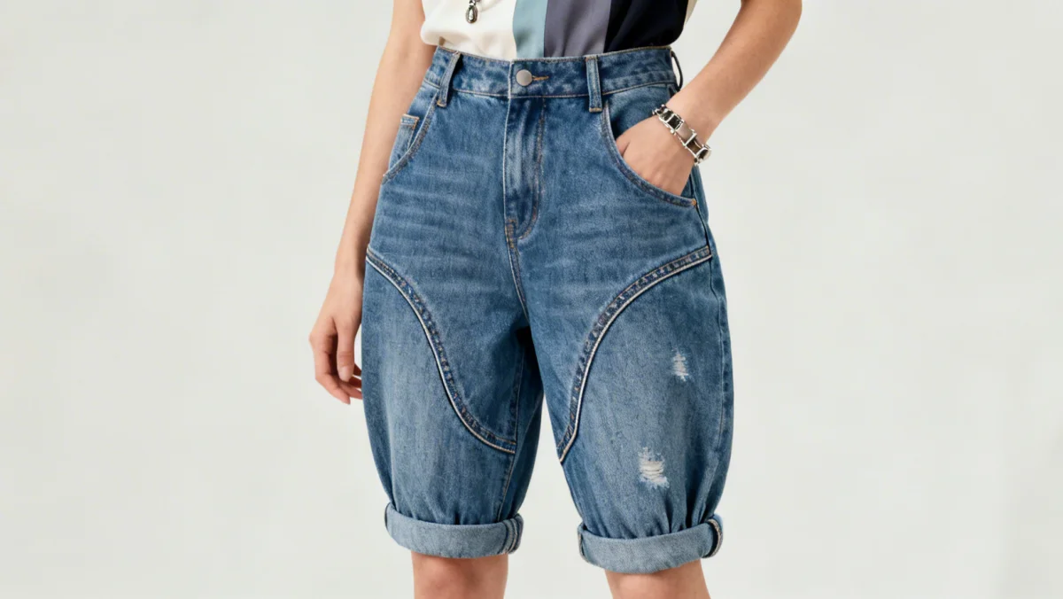 Barrel-leg denim silhouette, a key trend in US fashion for 2026.