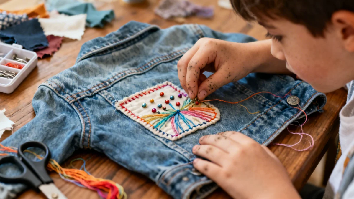 Child applying fabric patch to denim jacket, a DIY Fashion for Kids project