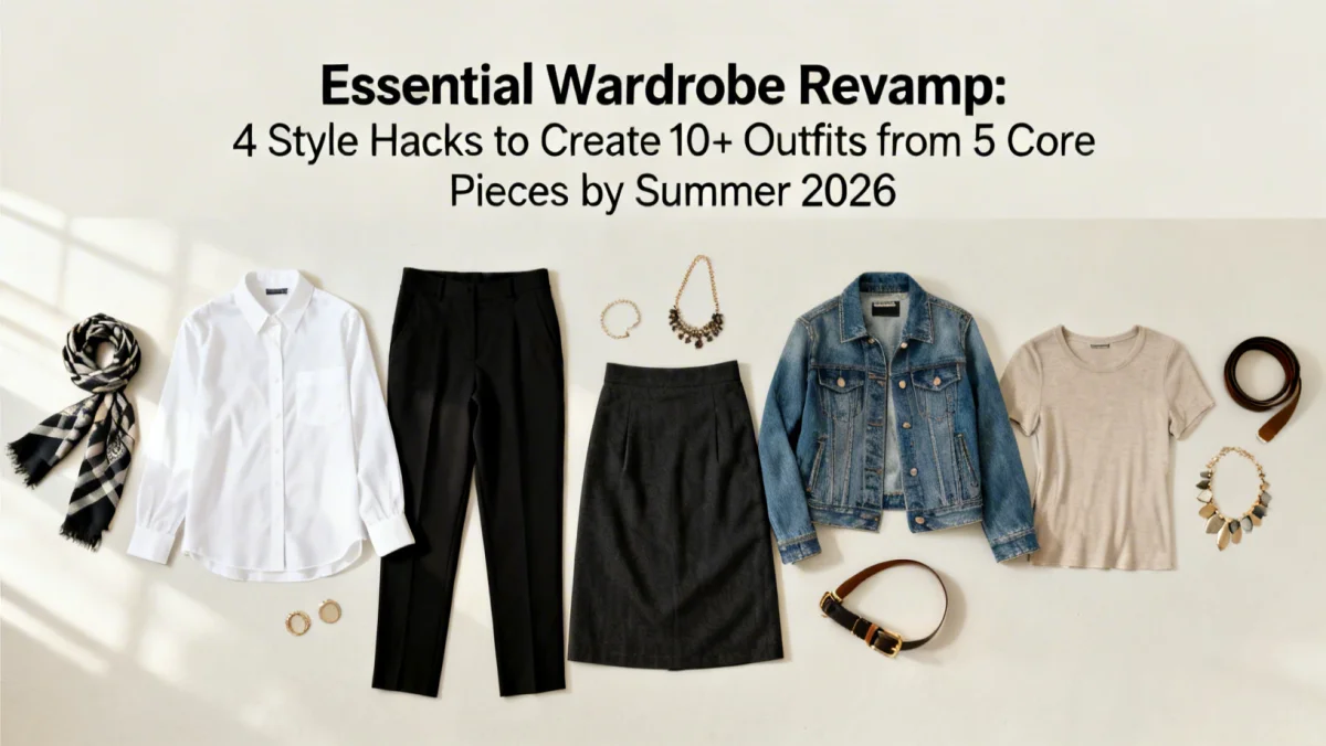Flat lay of five core wardrobe pieces with accessories creating multiple outfits for an essential wardrobe revamp