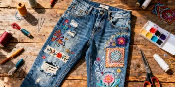 Stylishly customized blue jeans with embroidery and paint, representing innovative DIY denim customization techniques for 2026