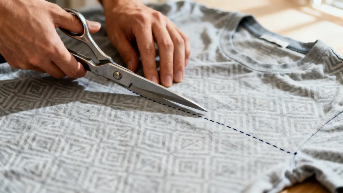 Hands cutting an old t-shirt for repurposing