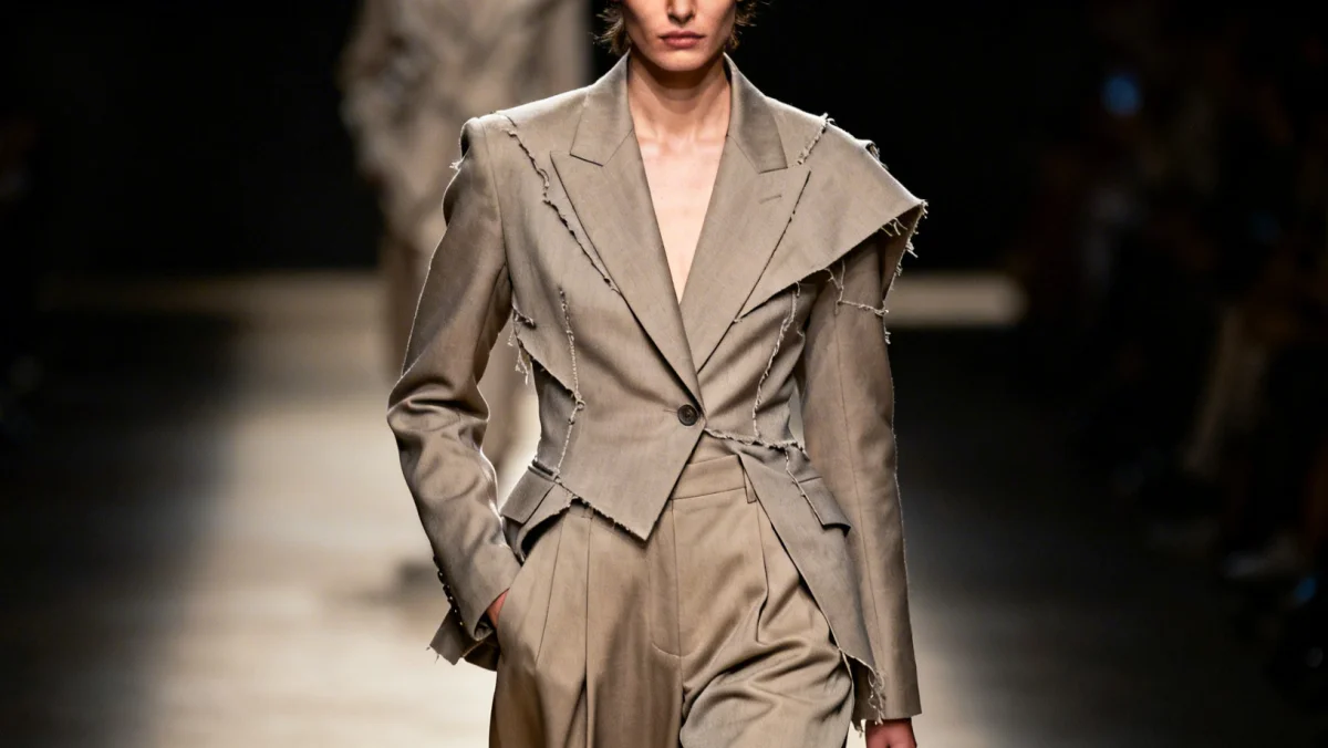 Model wearing deconstructed tailoring, a key trend from runway to reality for Spring 2026 US wardrobes.