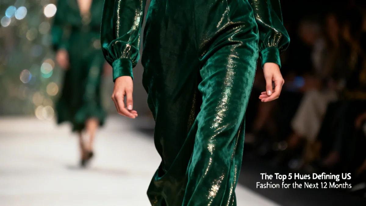 Model wearing a deep green outfit, reflecting Color Palette Predictions: The Top 5 Hues Defining US Fashion for the Next 12 Months.