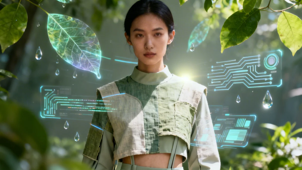 Digital fashion model wearing sustainable clothing with augmented reality elements, representing future trends.