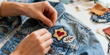 Hands making DIY apparel adjustments on a denim jacket for a custom fit