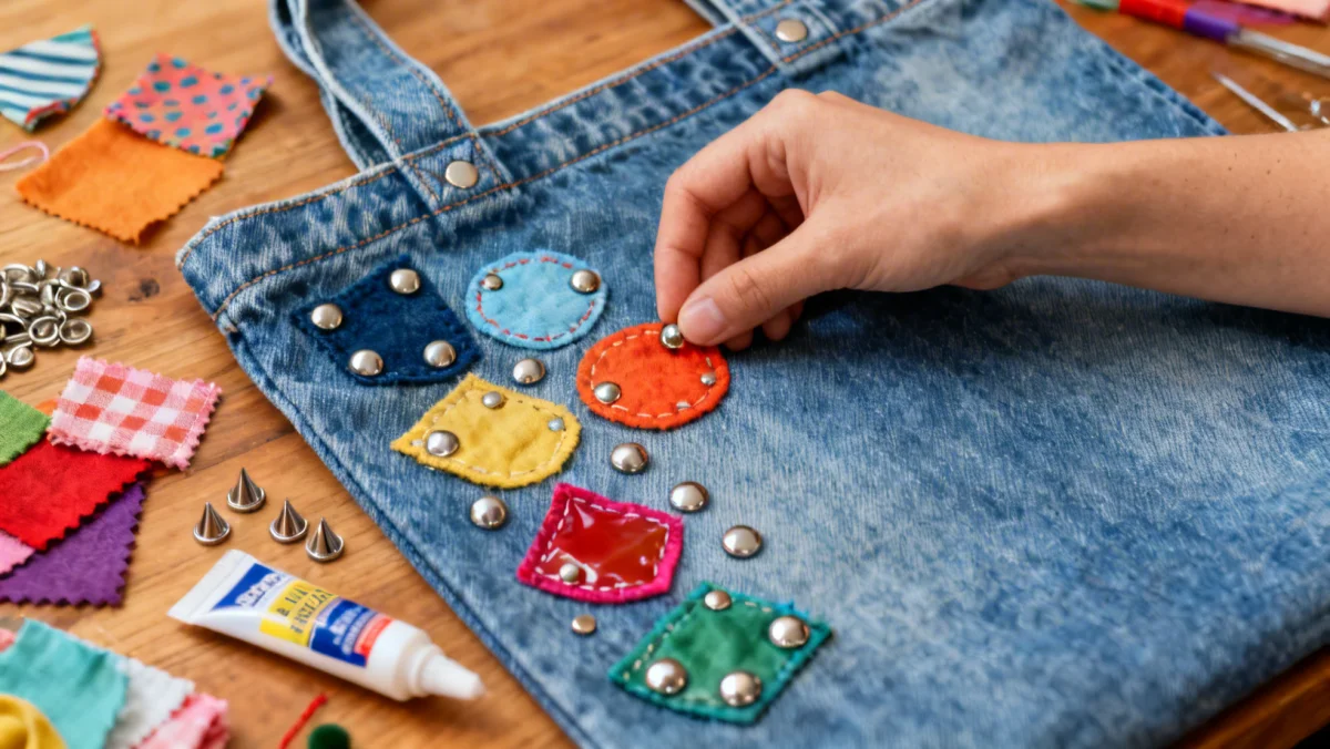 Hand attaching decorative patches and studs to denim tote bag