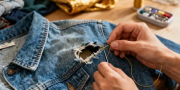 Hands repairing torn denim with needle and thread, symbolizing DIY clothing repair