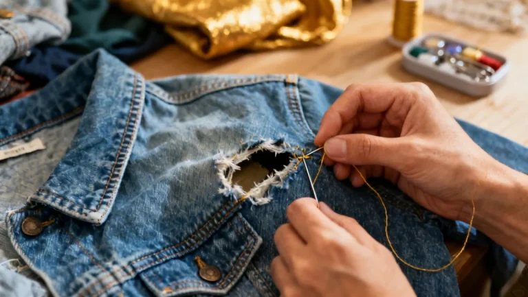 Hands repairing torn denim with needle and thread, symbolizing DIY clothing repair