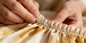 Hands manipulating fabric for ruching, demonstrating DIY fabric manipulation techniques.