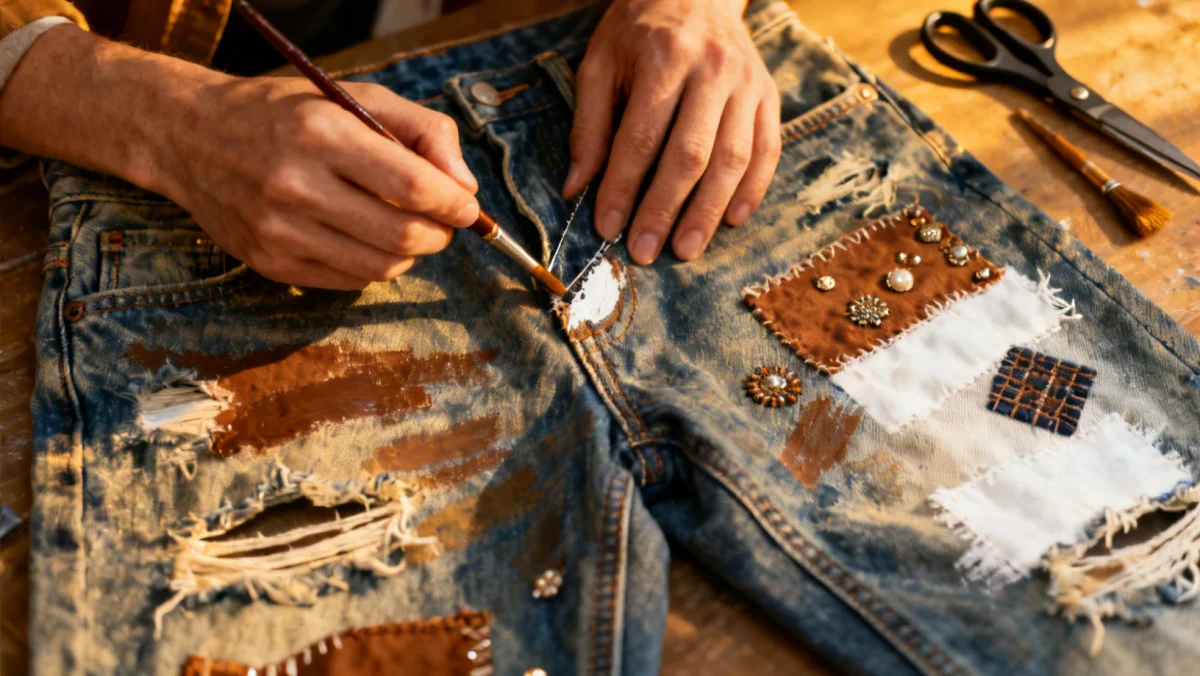 Detailed view of a DIY Fashion Upgrade: Transform 2 Old Garments into Trendy Pieces for Fall 2026: PRACTICAL SOLUTIONS in progress, showing distressed jeans.