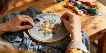 Embroider Your Own floral design on denim jacket, beginner embroidery guide