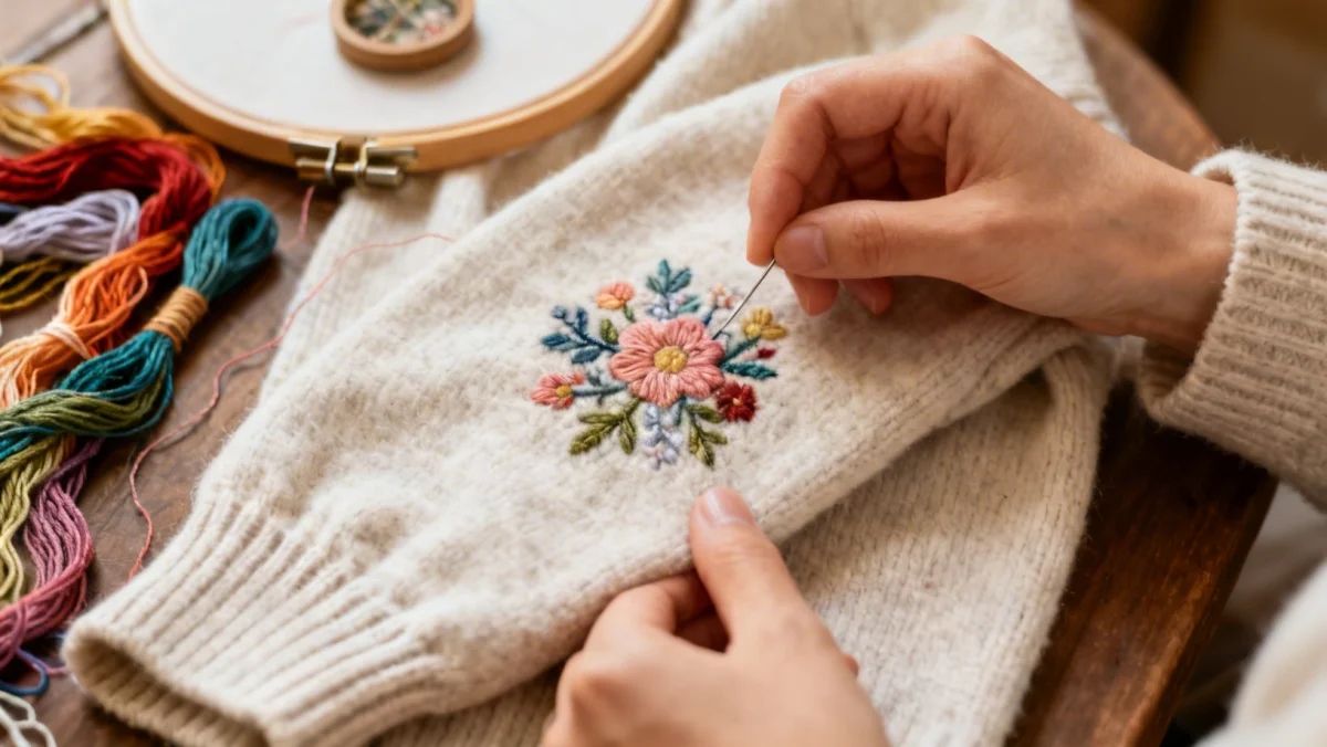 Detailed embroidery process on a sweater, a key step in Reinventing Old Sweaters.