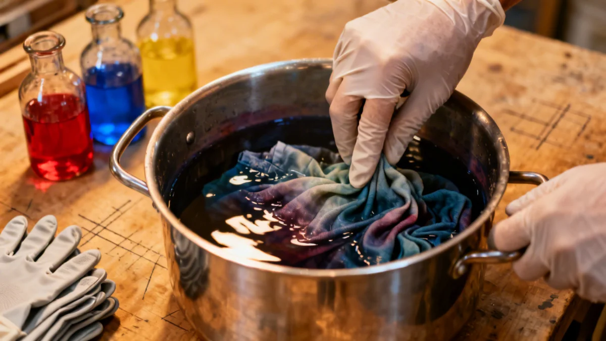 Detailed process of fabric dyeing at home, showing a dye bath and submerged fabric.
