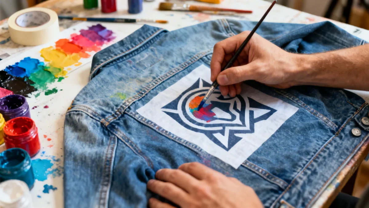 Hands painting a denim jacket with fabric paint, showcasing a DIY customization technique