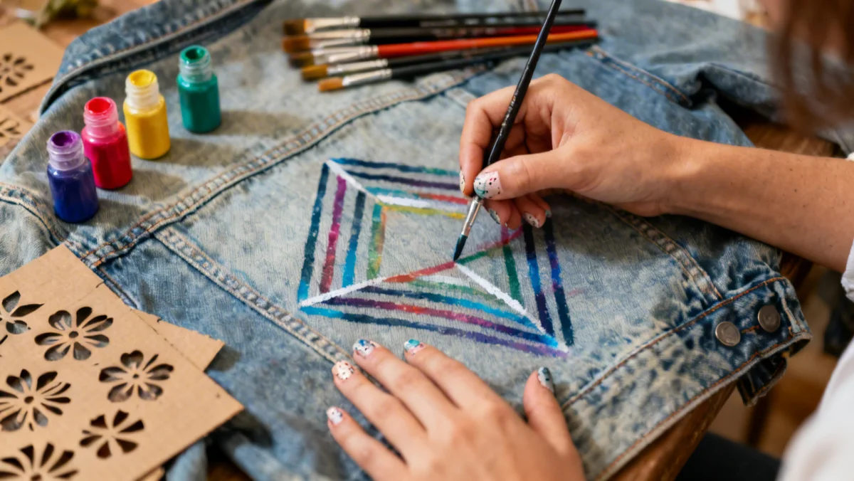 Hands painting an old denim jacket for a DIY Wardrobe Refresh project