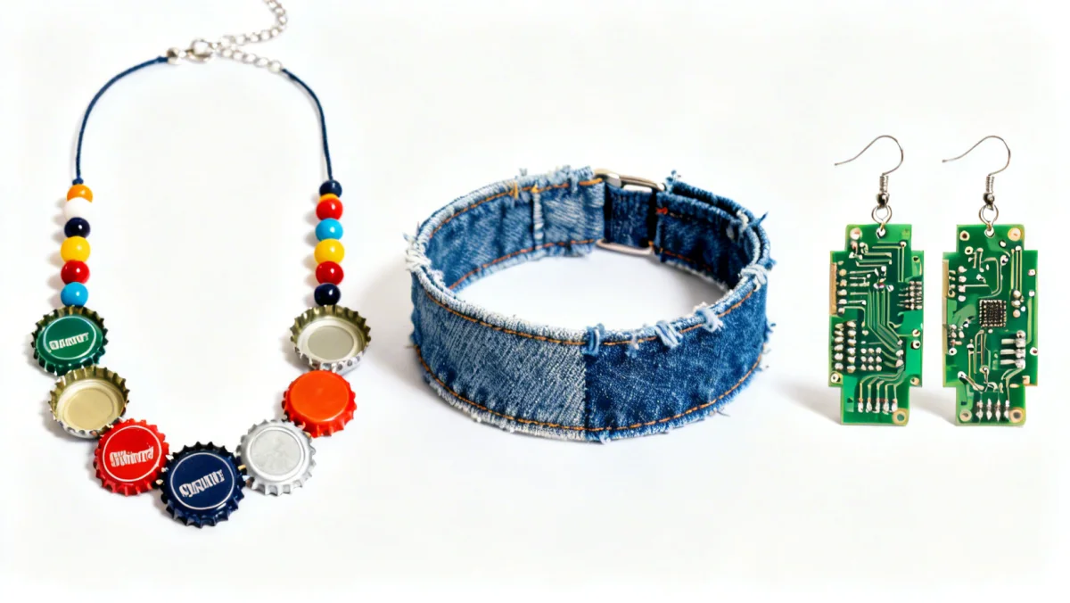 Finished upcycled accessories including a bottle cap necklace, denim bracelet, and circuit board earrings.