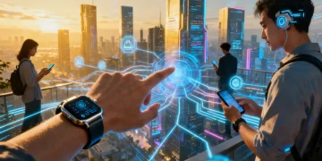 Futuristic cityscape with data streams and people interacting with AI gadgets.