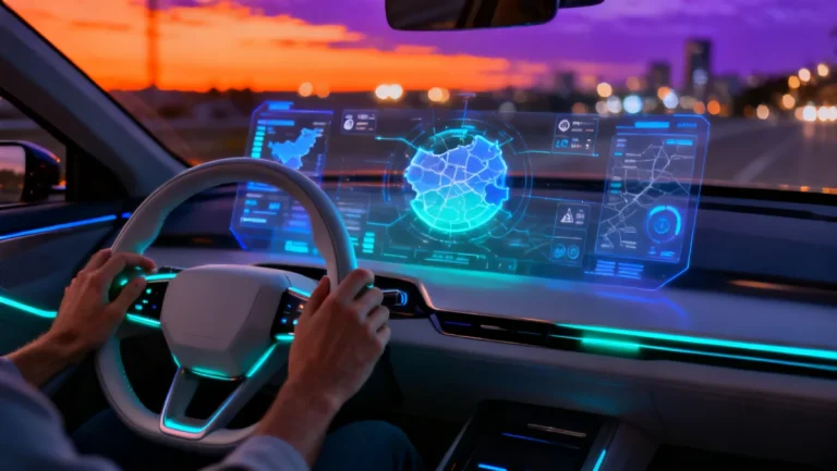 Futuristic car interior with advanced smart gadgets enhancing the driving experience