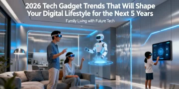 Futuristic family interacting with advanced tech gadgets in smart home