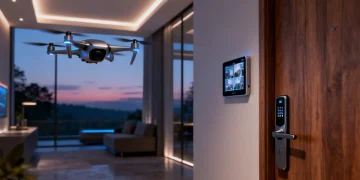 Futuristic home security system dashboard with drone and biometric lock
