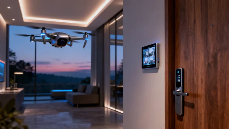 Futuristic home security system dashboard with drone and biometric lock