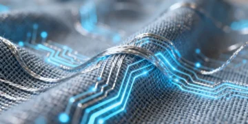 Futuristic smart fabric textile tech glowing with integrated circuits for apparel