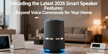 Futuristic smart speaker in a modern living room showcasing advanced 2026 features