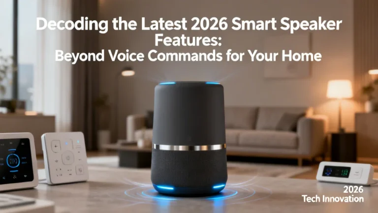 Futuristic smart speaker in a modern living room showcasing advanced 2026 features