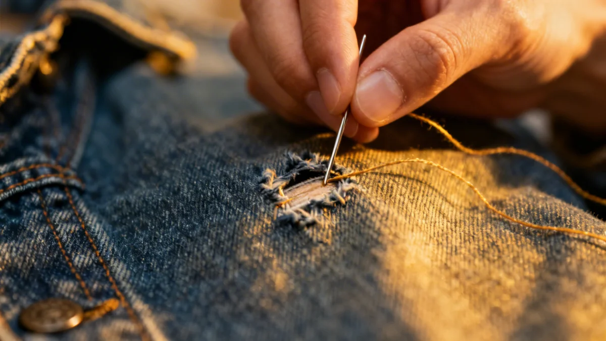 Hand mending a denim jacket, demonstrating a practical solution to extend garment life, aligning with Maximize Your Wardrobe goals.