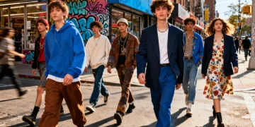 Gen Z individuals showcasing diverse fashion styles on a city street, reflecting emerging trends.