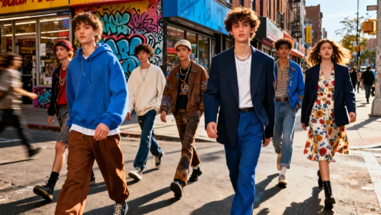 Gen Z individuals showcasing diverse fashion styles on a city street, reflecting emerging trends.