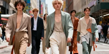 Diverse individuals modeling gender-fluid fashion styles in an urban setting