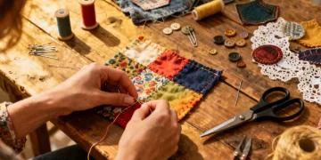 Hands sewing sustainable fashion project for DIY wardrobe revitalization