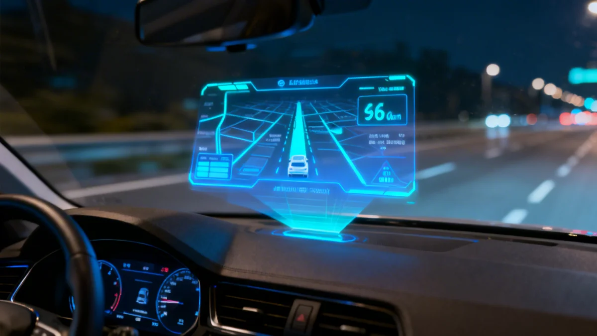 Holographic heads-up display showing real-time navigation in a smart car
