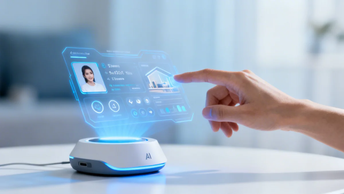Hand interacting with holographic AI gadget interface displaying personalized data.