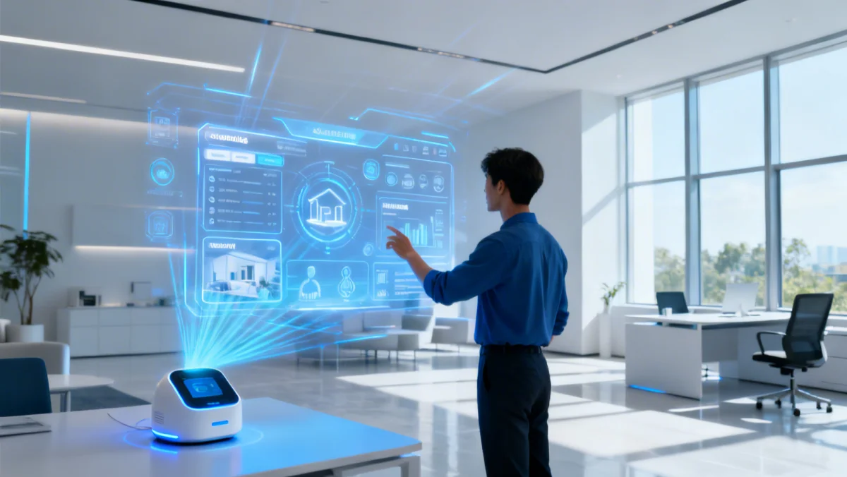 Person interacting with holographic smart assistant interface, showcasing advanced capabilities in The 2026 Evolution of Smart Personal Assistants: Beyond Siri and Alexa.