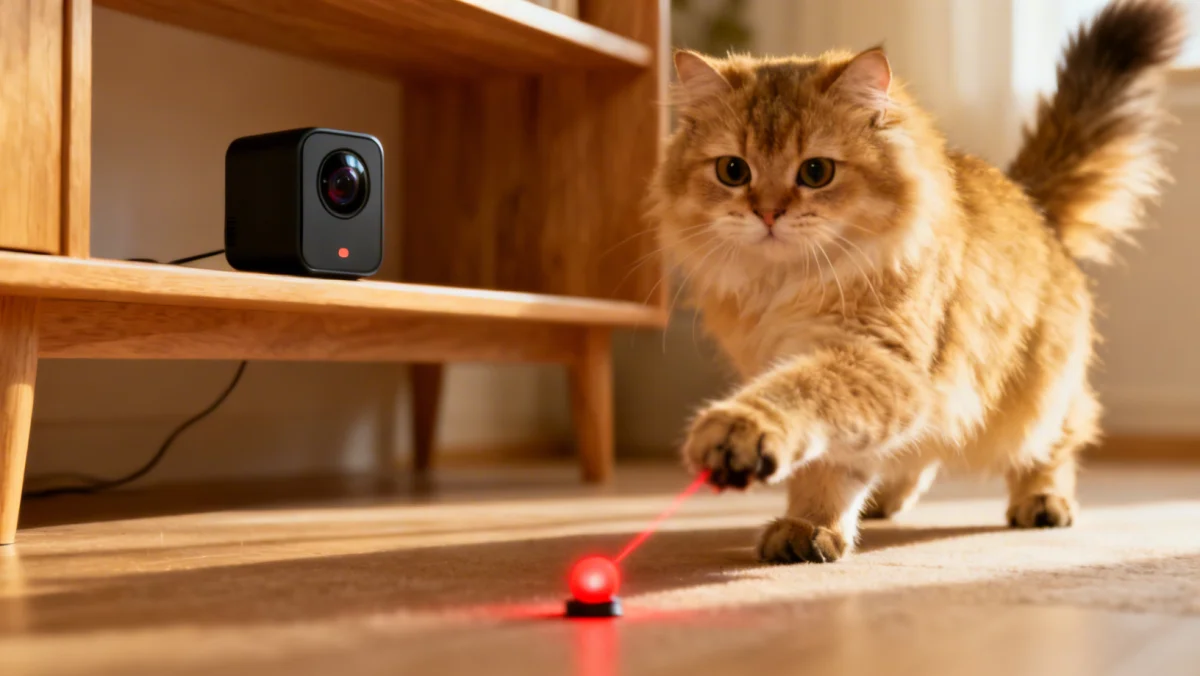 Interactive pet toy engaging a cat, monitored by a smart pet camera.