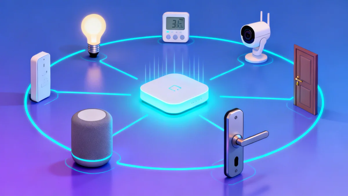 Interconnected smart home devices managed by a central hub.