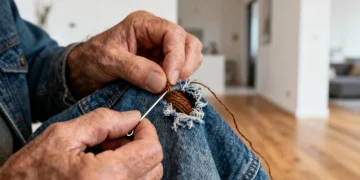 Hands mending denim, symbolizing low fashion longevity and DIY repair for financial impact.