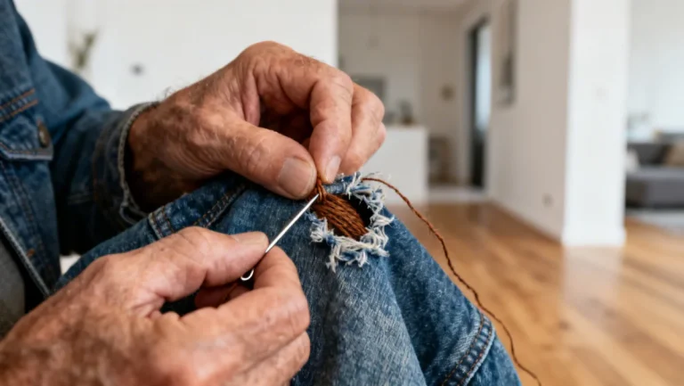 Hands mending denim, symbolizing low fashion longevity and DIY repair for financial impact.