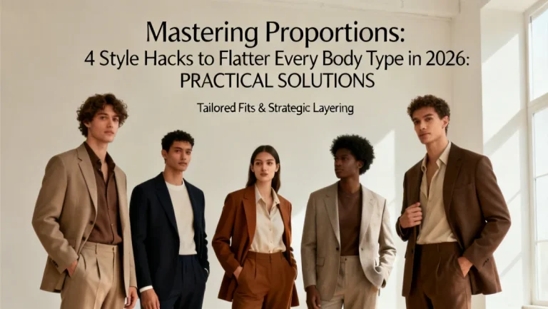 Diverse models showcasing style hacks for flattering different body types in 2026, emphasizing proportion mastery.
