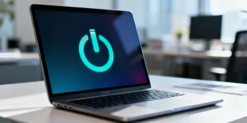 Modern laptop displaying long battery life icon, symbolizing maximizing laptop battery life.