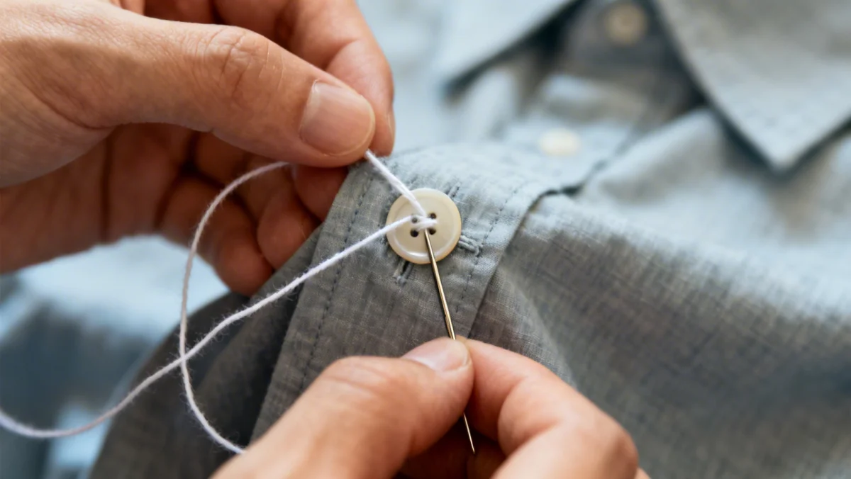 Person mending a loose button on a shirt, illustrating simple DIY clothing repair