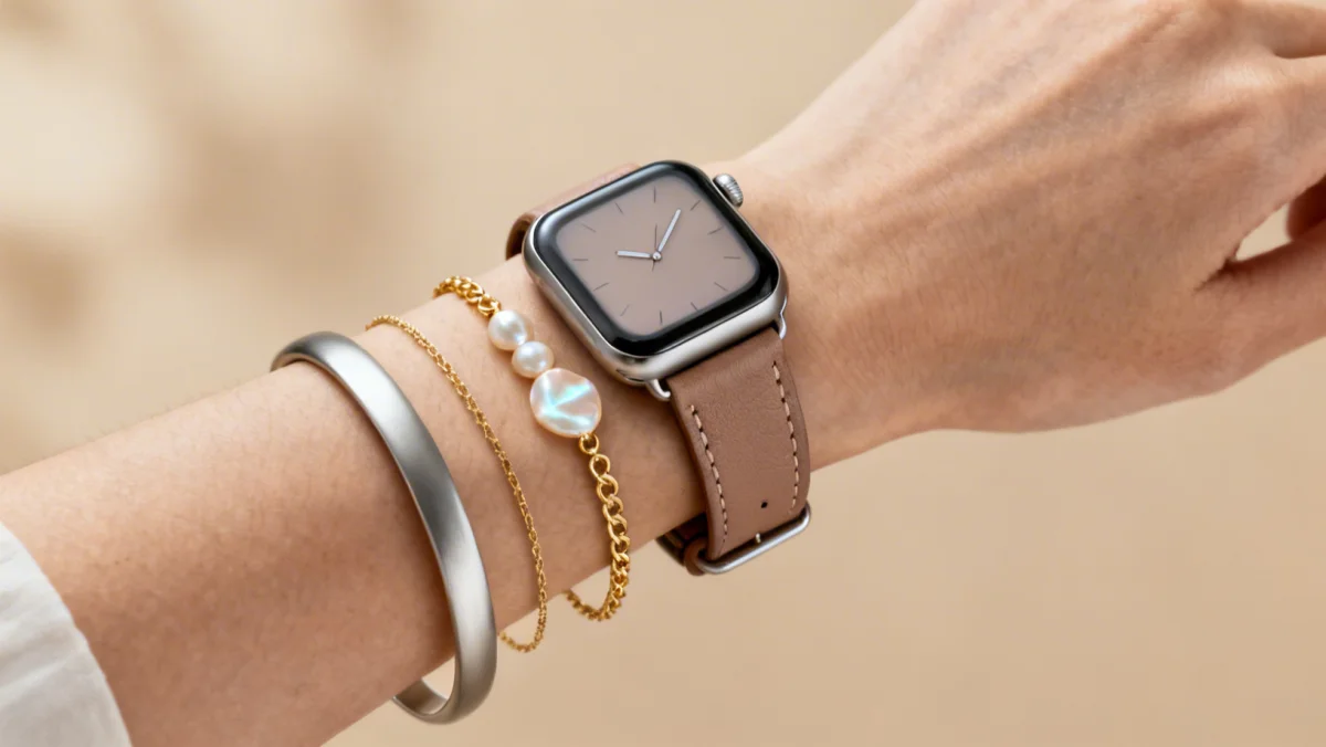 Minimalist smartwatch with elegant, customizable band integrated with fashion bracelets for a seamless look.