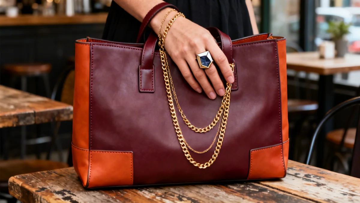 Minimalist tote bag and layered gold jewelry, key Fall 2026 accessory trends