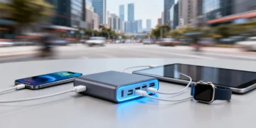 Modern portable power bank charging multiple devices in an urban setting