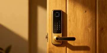 Modern smart lock on a wooden door for home protection 2026