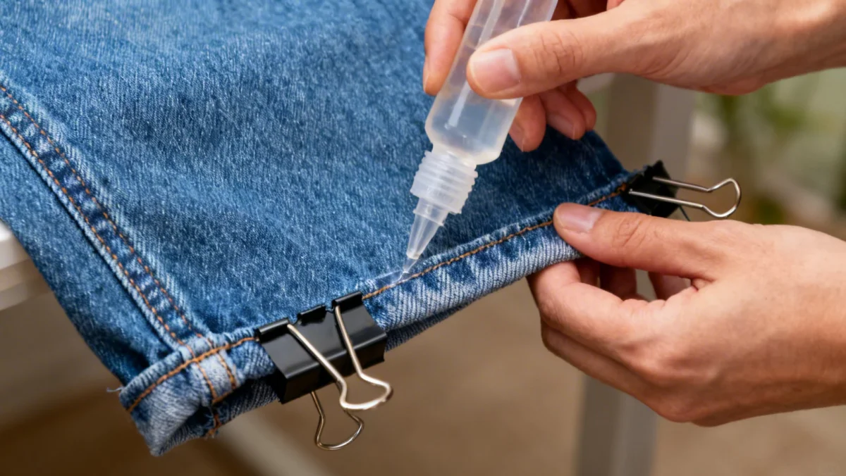 Hands applying fabric glue for no-sew hem on jeans